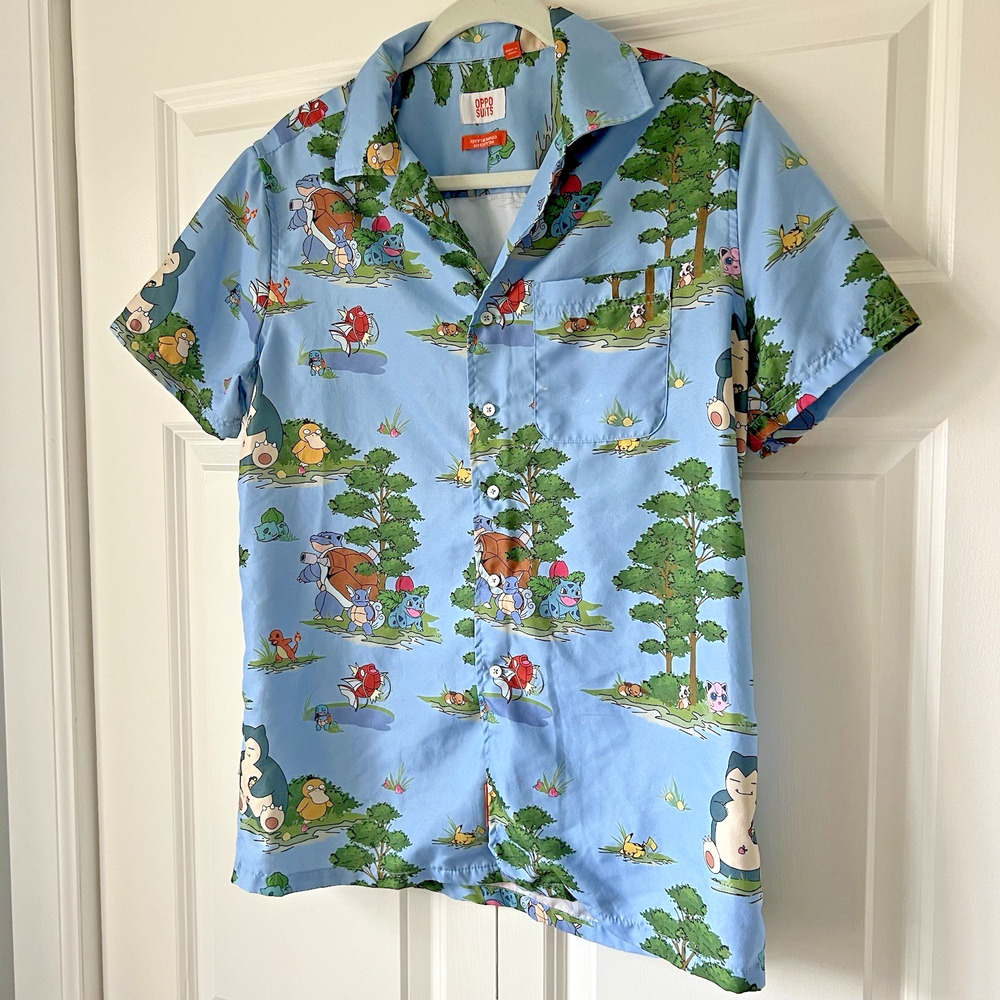 OppoSuits Pokémon Men's Short Sleeve Shirt Small Blue Forest Print Button Up - Picture 10 of 16